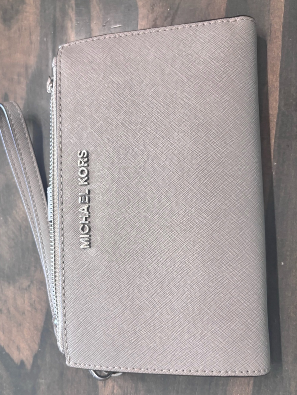 Michael Kors Pale Gray Saffiano Wristlet with Silver Hardware
